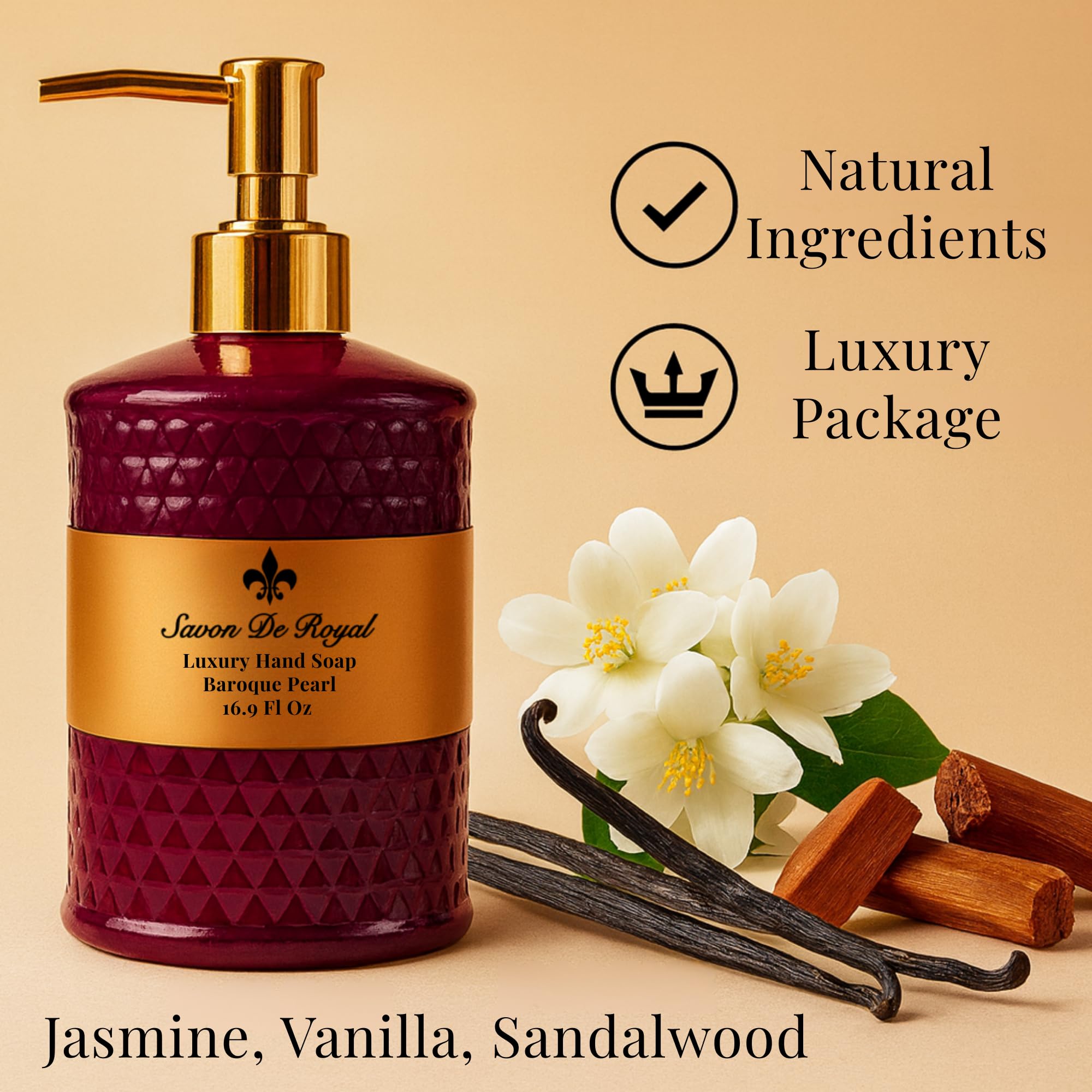 Savon De Royal Luxury Liquid Hand Soap, Jasmine - Vanilla - Sandalwood Scent, Moisturizing Vegan Bathroom Soap for Hand Wash, Gentle & Nourishing Formula, Refillable Bottle 16.9 Fl Oz, Baroque Pearl