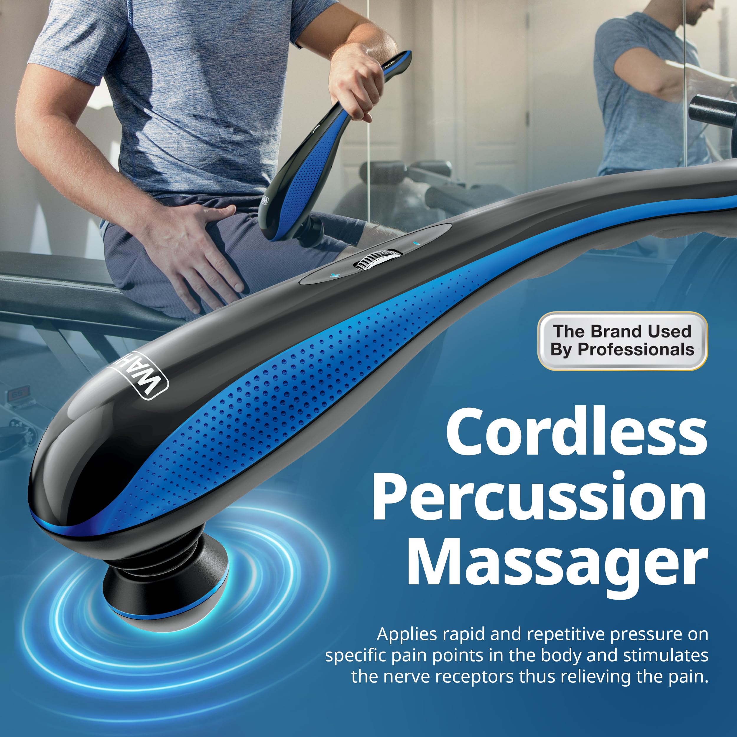 WAHL Deluxe Lithium Ion Deep Tissue Cordless Percussion Therapeutic Handheld Massager for Muscle, Back, Neck, Shoulder, Full Body Pain Relief, Use at Home, Car, Office or Travel, Blue
