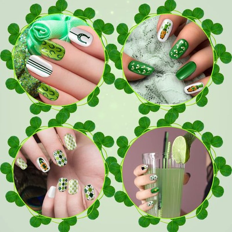 384 Pieces 16 Pack St Patrick's Day Press on Nails Short Fake Nails Green Square False Nails Shamrock Acrylic Artificial Nails Short Length Full Cover Coffin for Women Girls