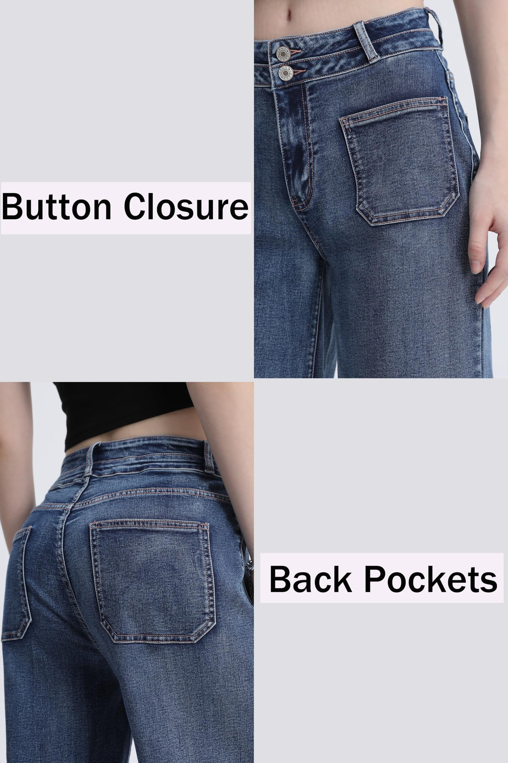 ZMTUO Women's High Waist Wide Leg Jeans Stretchy Loose Denim Pants with Two Button Detail