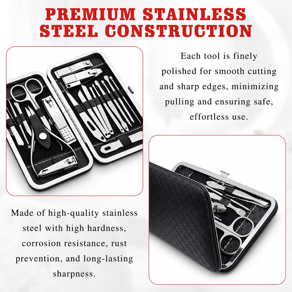 19-Piece Professional Nail Clippers & Grooming Kit (Black) – Fingernail and Toenail Cutters Manicure Pedicure Set with Travel Case for Men and Women