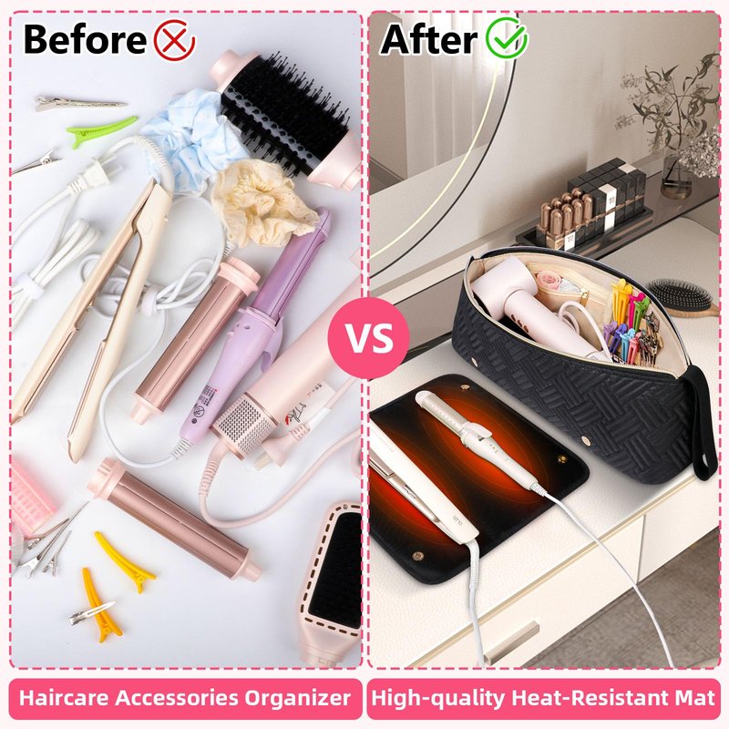 Veirdro Hair Tools Travel Bag with Heat Resistant Mat, Portable Hair Tool Organizer Travel Carrying Case for Straightener, Flat Iron, Curling Iron, Hair Dryer& Hair Styling Accessories Women (Black)