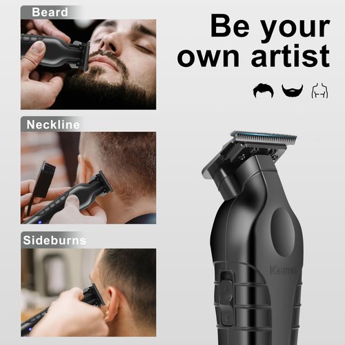 KEMEI 2299 Hair Trimmer for Men, Zero Gapped T-Blade Clippers for Edging & Lining, Cordless Barber Liners with Extra Replacement Blade, USB Rechargeable Grooming Kit for Beard & Dry Shaving (Black)