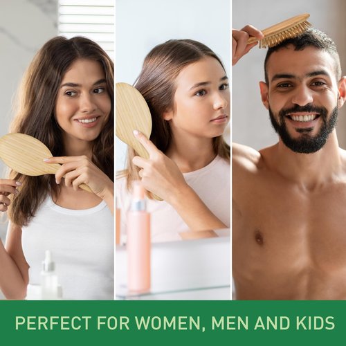 Bamboo Bristle Hair Brush for Women, Men, Kids; Dry and Wet Detangling Hair Brush Gently Enhances Shine, Smooths Frizz and Prevents Breakage in Fine and Straight, Thick and Curly Hair (oval)