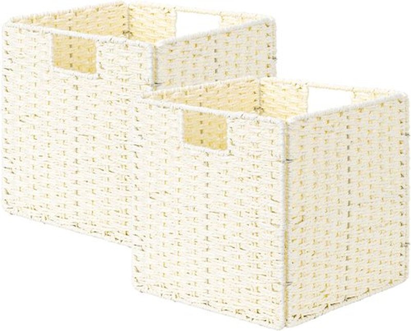 StorageWorks Wicker Baskets - Handwoven Organizing Cubes with Handles, Beige, 11 Inch, 2 Pack