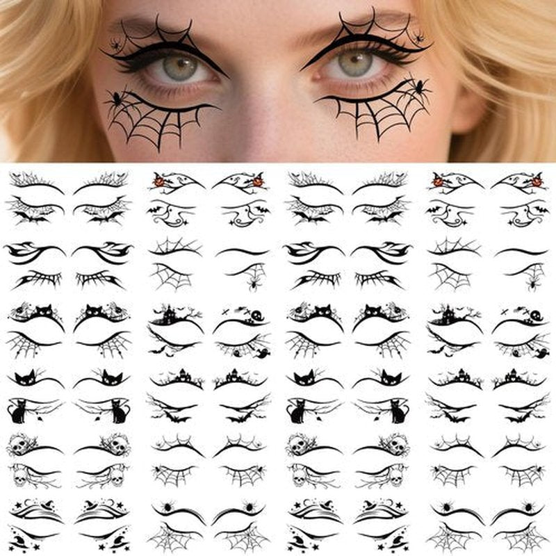 24pcs Halloween Face Temporary Tattoo, Upper & Lower Lash Designs Waterproof Fake Tattoos Stickers with Spooky Motifs for Men & Women Stage & Festive Looks & Cosplay Party Realistic Face Makeup