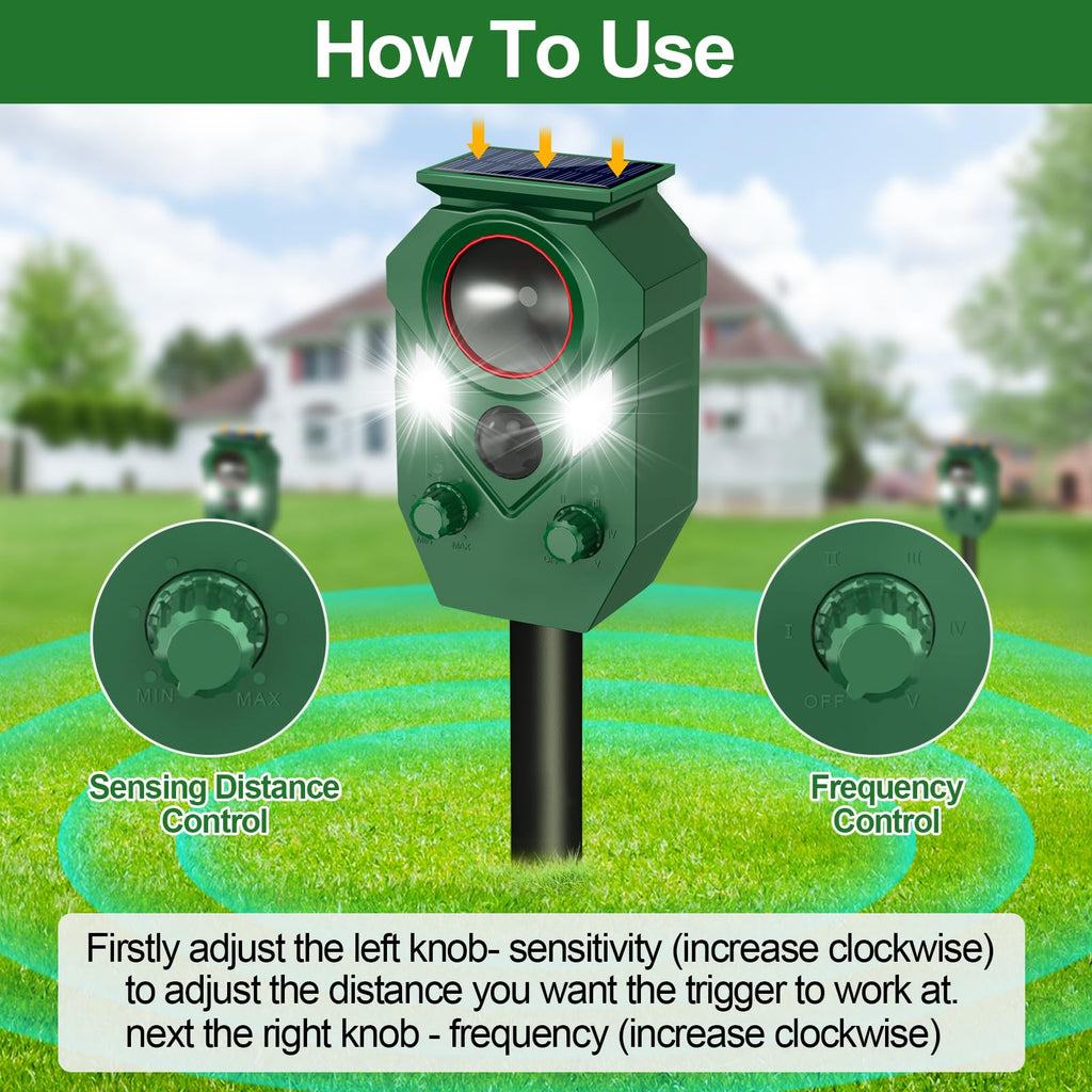 Ultrasonic Animal Repeller Outdoor - Cat Repellent & Deterrent with PIR Sensor & Flashing Light,Solar Powered Deer Repellent for Squirrels, Raccoons, Skunk,Rabbit,and Dogs, IP65 Waterproof （1 Pack）