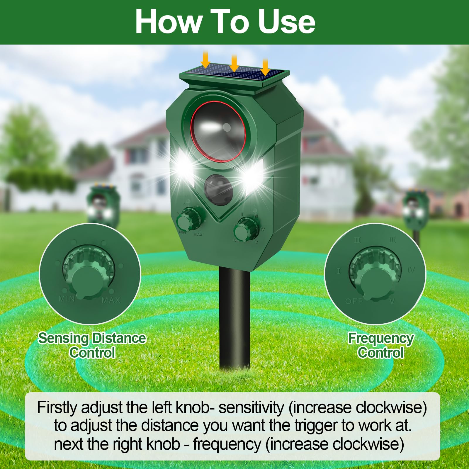 Ultrasonic Animal Repeller Outdoor - Cat Repellent & Deterrent with PIR Sensor & Flashing Light,Solar Powered Deer Repellent for Squirrels, Raccoons, Skunk,Rabbit,and Dogs, IP65 Waterproof （1 Pack）