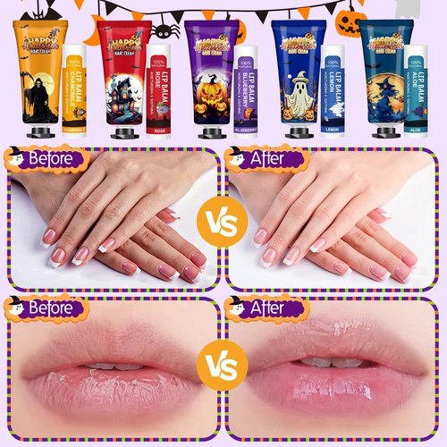 50 Pack Halloween Hand Cream and Lip Balm Set, Bulk Halloween Gifts with Halloween Cards and Organza Bag, Halloween Decorations and Halloween Party Favors Goodies for Women