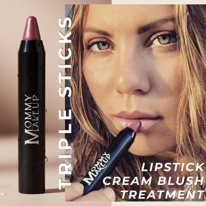 Mommy Makeup Triple Sticks Lipstick, Cream Blush & Treatment All-In-One with Shea & Cocoa Butter - Soft & Creamy Moisturizing Lip Crayon For Lips & Cheeks (Glinda)