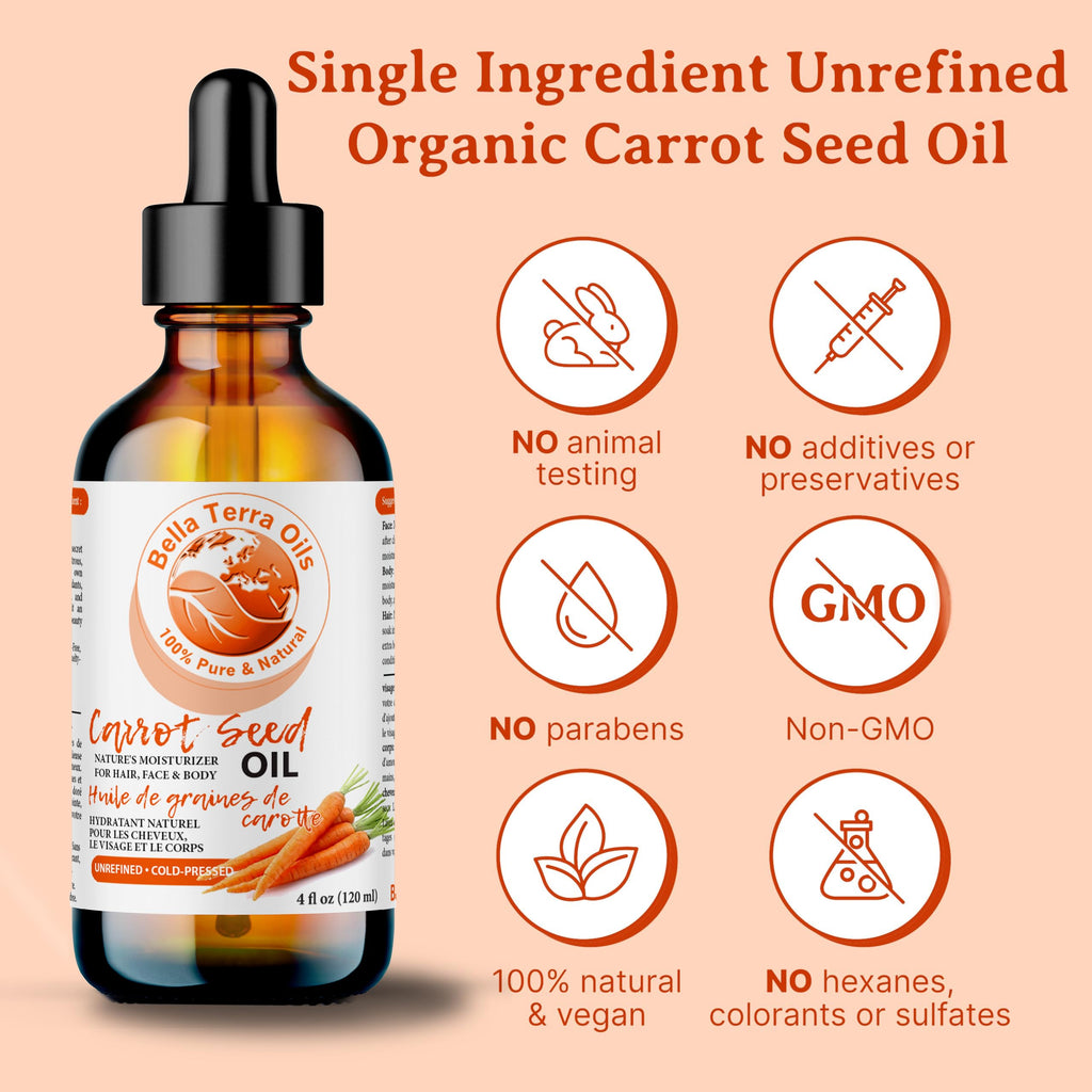 Bella Terra Oils - Organic Carrot Seed Oil 4oz - Celebrate the Nutrient-Rich Legacy of Organic Carrots, High in Vitamin K & Phytosterols, For a Supple & Radiant Appearance