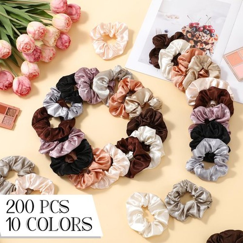 Hoteam 200 Pieces Satin Hair Scrunchies Bulk for Ponytail Holder Solid Color Satin Hair Tie Hair Elastics Bands for Women Teens Birthday Gift (Brown)