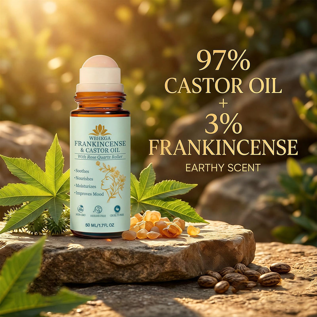 WBHKGA Castor Oil & Frankincense Roll On - Real Red Rose Quartz Eye Roller (Not Plastic) - Pure Cold Pressed Face Serum for Dark Circles, Fine Lines, Wrinkles & Puffiness (50ml (2 Pack - Value Set))