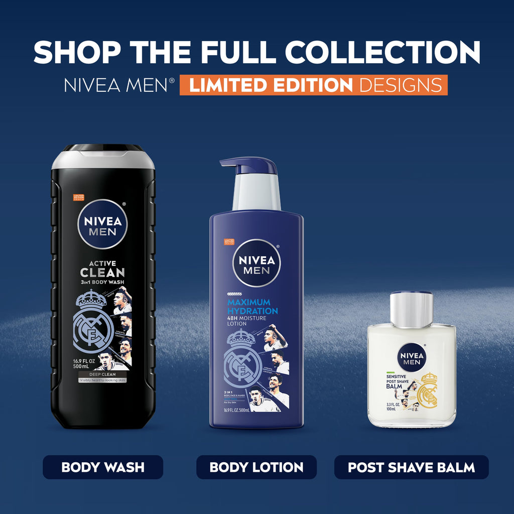 NIVEA MEN Real Madrid Limited Edition Design Sensitive Post Shave Balm, with VitaminPro Complex, Alcohol Free After Shave Balm for Men, 3.3 Fl Oz Bottle, Pack of 12