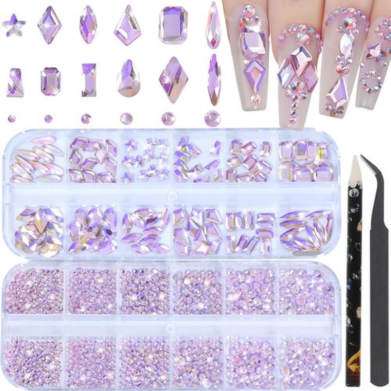 Nail Rhinestones - 3D Multi Shape Size, Crystal, Manicure Rhinestones Charms, Light Pink AB Nail Gems, Flat Back, with Kit, for Nail Art, DIY Decorations