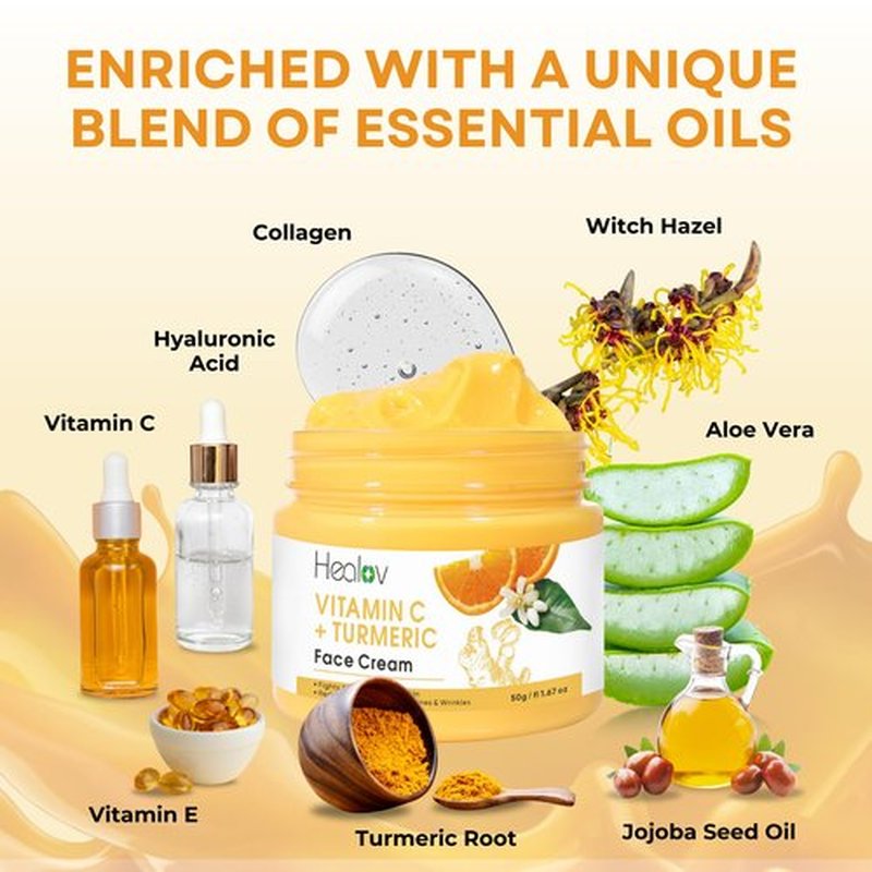 Healov Turmeric Face Cream for Dark Spots – Natural Turmeric Skin Brightening Lotion for Face & Body – Cleanse Skin, Fight Acne, Even Tone, Clear Scars, Sun Damage, & Hyperpigmentation – 50g / 1.67oz