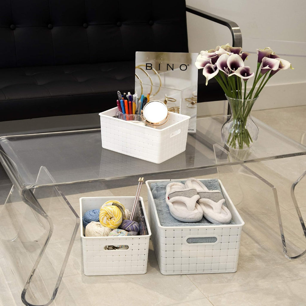 BINO Small White Plastic Baskets - 5 Pack Rectangular Organizers for Cabinets & Drawers | Durable & Portable