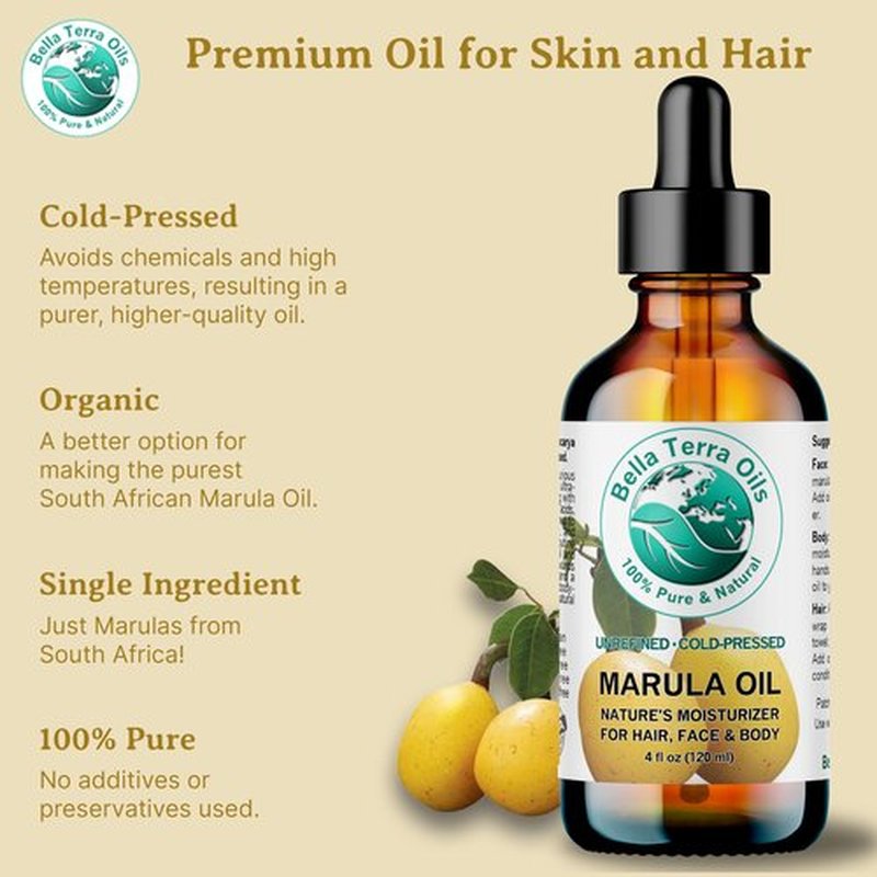 Bella Terra Oils - Marula Oil for Skin 4 oz - Dive into the Nutritional Excellence, Abundant in Vitamin C & Antioxidants, Perfect Companion for Your Face
