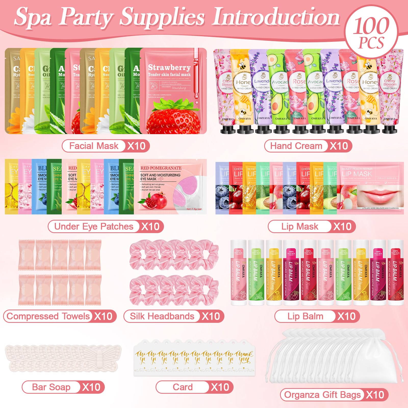 100 Pcs Spa Party Favors For Women,Spa Party Supplies Include Bulk Facial Mask,Hand Cream,Lip Balms,Under Eye Patches,Lip Mask,Bulk Gifts For Women, Mothers Day Gift, Spa Sleepover Party Supplies