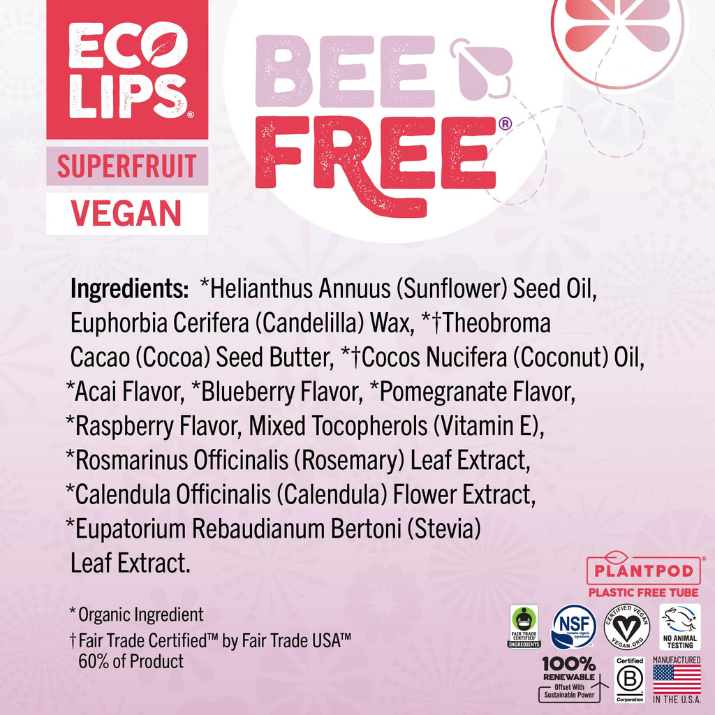 Eco Lips Vegan Superfruit Bee Free Lip Balm Includes Candelilla Wax, Organic Cocoa Butter and Coconut Oil. 100% Plastic-Free Plant Pod Packaging. 3-Pack