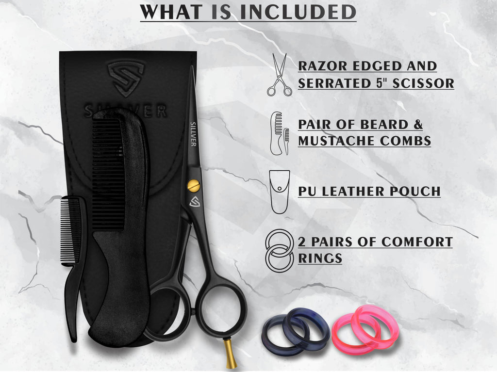 Professional Mustache Scissors 5 Inch, Razor Edged and Serrated, Beard Comb, Mustache Comb, Pouch -Beard Trimming Scissors for All Facial Hair– Grooming Scissors