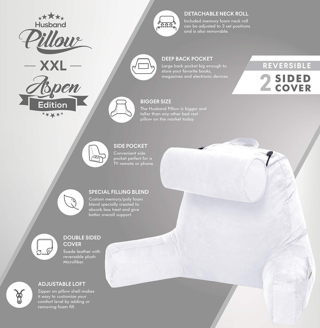 Husband Pillow XXL Reading & Bed Rest Pillows - Premium Memory Foam Backrest Pillow with Arms & Neck Roll - Aspen Edition White Dandelion - Reversible 2 Sided Cover with Plush Microfiber and Suede
