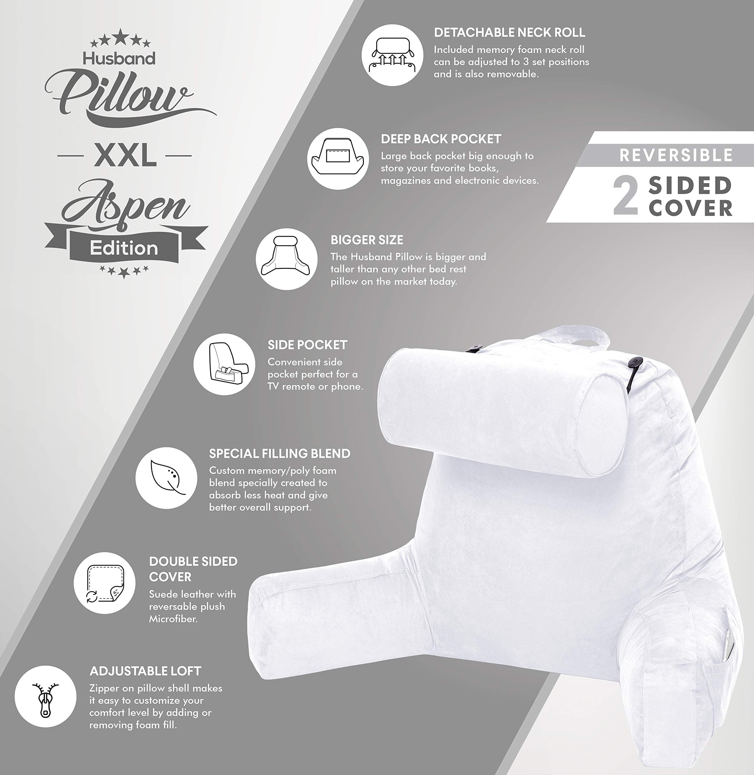 Husband Pillow XXL Reading & Bed Rest Pillows - Premium Memory Foam Backrest Pillow with Arms & Neck Roll - Aspen Edition White Dandelion - Reversible 2 Sided Cover with Plush Microfiber and Suede