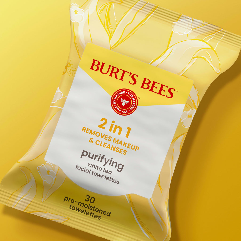 Burt’s Bees Purifying White Tea Facial Towelettes, 100% Plant Based Cloths; 99% Natural Origin; Removes Makeup and Cleanses; No Rinsing; All Skin Types (Pack May Vary)