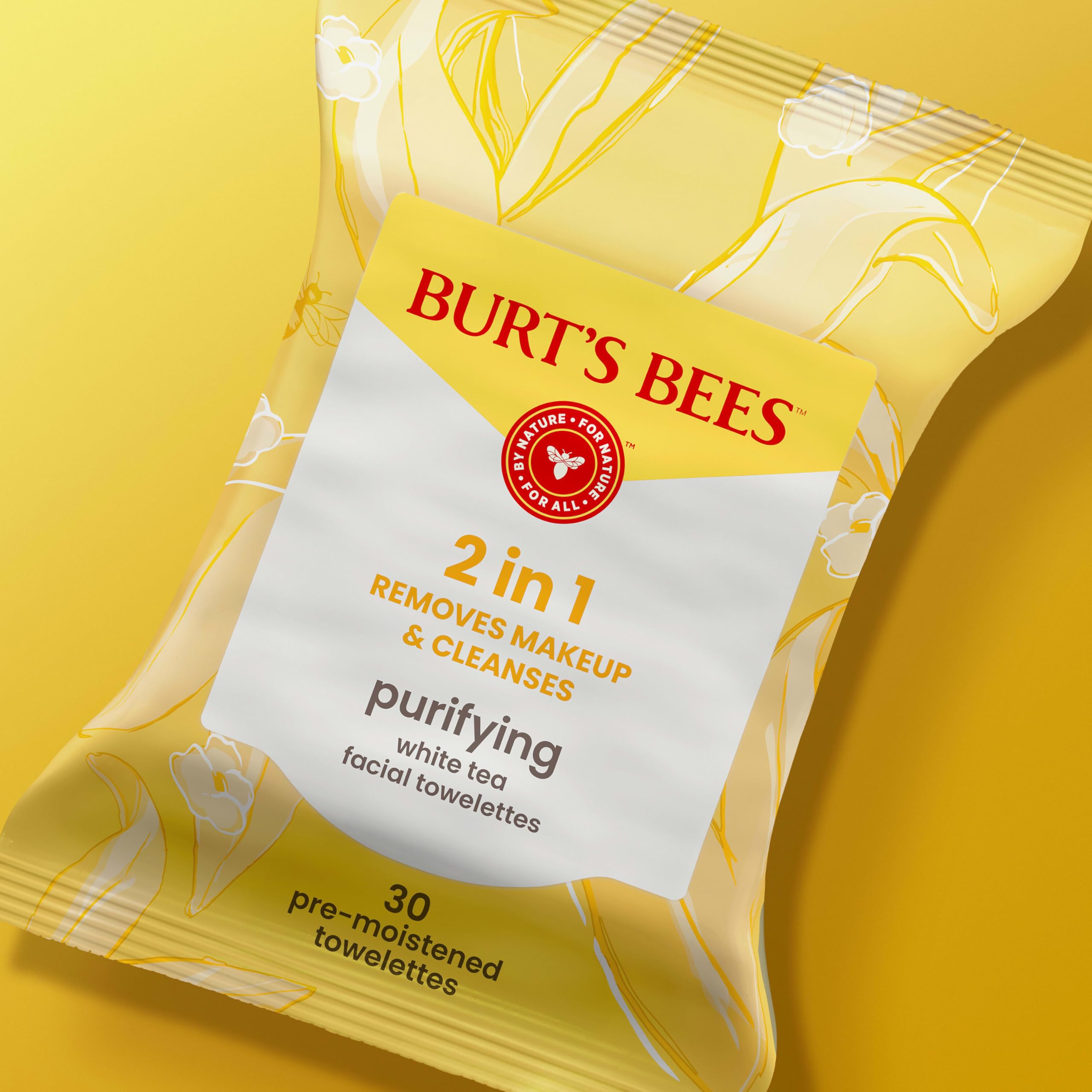 Burt’s Bees Purifying White Tea Facial Towelettes, 100% Plant Based Cloths; 99% Natural Origin; Removes Makeup and Cleanses; No Rinsing; All Skin Types (Pack May Vary)