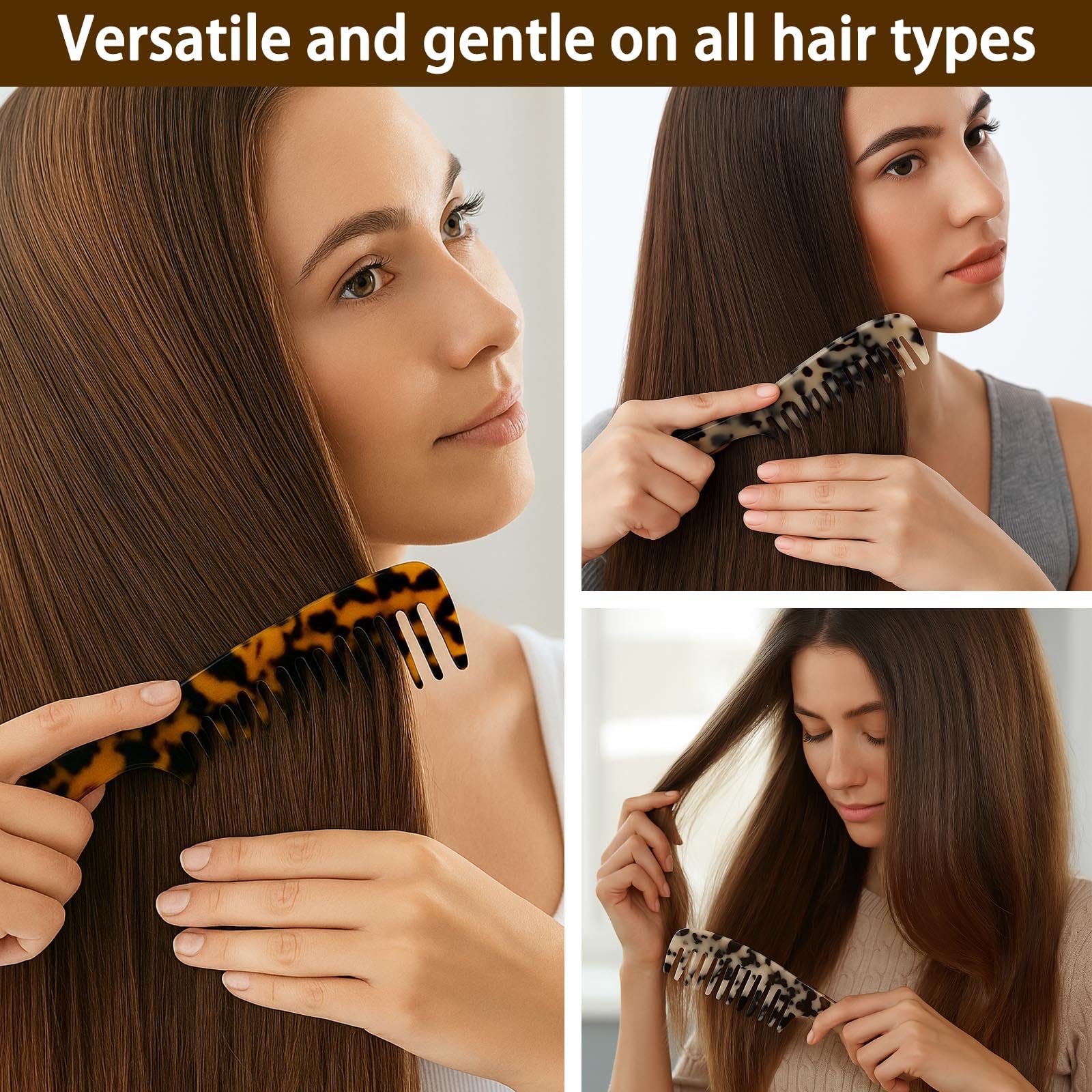 Wide Tooth Comb for women - Large Hair Detangling Comb for Curly Wavy Wet Dry Hair, Cellulose Acetate Combs 2 Pack (Tortoise Shell)