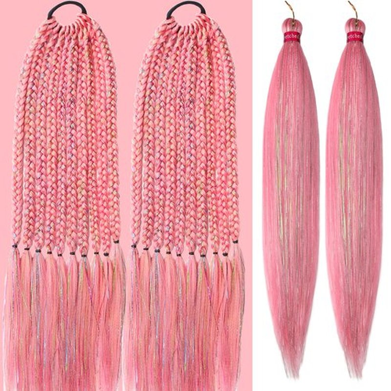 Pink with Tinsel Braiding Hair Pre Stretched 2 Packs 26 Inches Box Braids Hair Extensions Synthetic Pre Stretched Braiding Hair