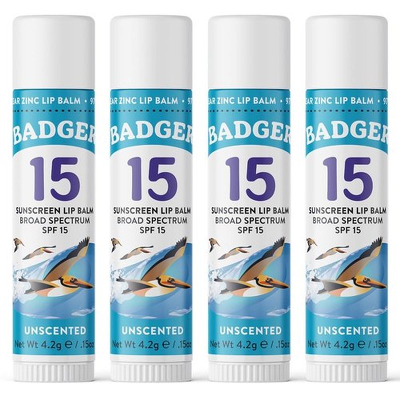 Badger Mineral Sunscreen Lip Balm SPF 15 - Reef Safe, Zinc Oxide, Unscented | Travel Size 0.15 oz 4-Pack