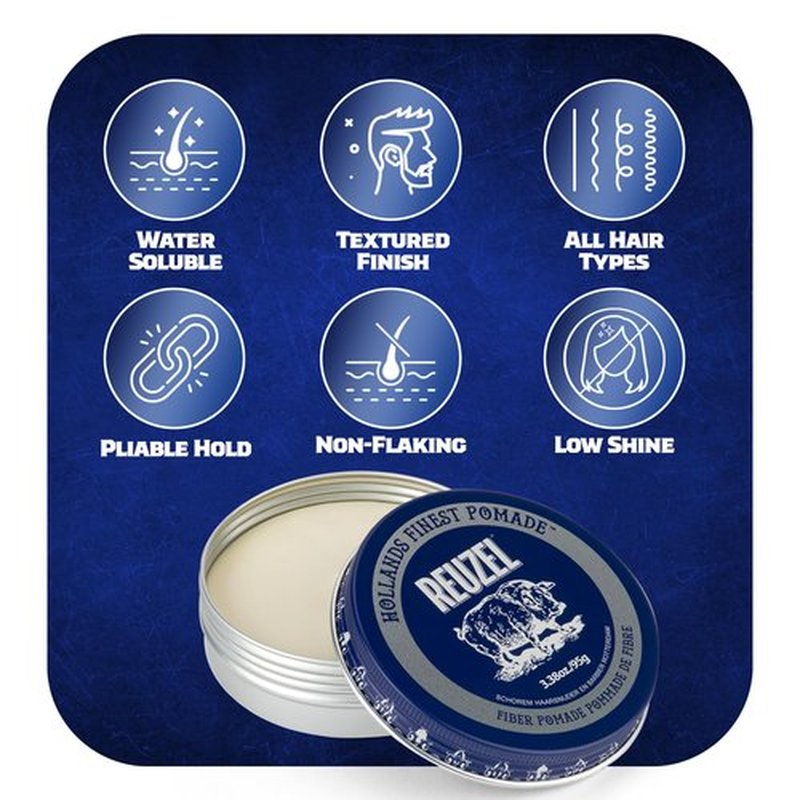 REUZEL Fiber Pomade, Firm and Pliable All Day Hold, Water Soluble Styling, Low Shine and Flake Free, Easy To Wash Out, For All Hair Types