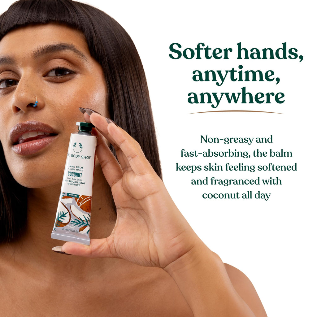 The Body Shop Hand Balm | 96hr Nourishing Moisture for Dry Cracked Hands | with Shea Butter, Non-greasy, Vegan, 30 ml / 1.0 oz (Coconut)
