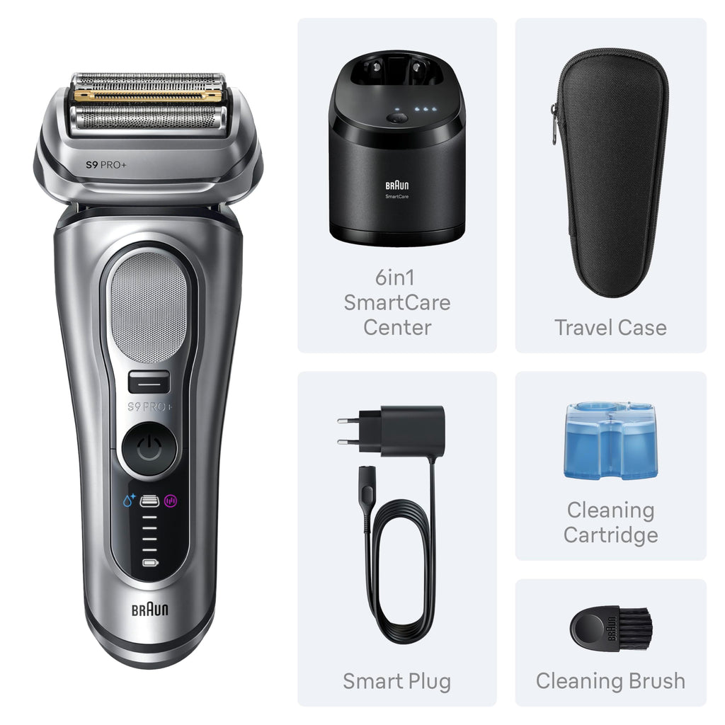 Braun Series 9 PRO+ Electric Shaver for Men, Wet & Dry Foil Razor, 6-in-1 SmartCare Clean & Charge Center, Built-in Precision ProTrimmer, Travel Case, Silver 9667cc