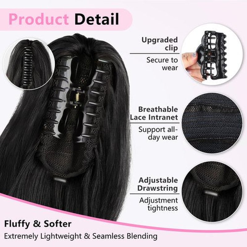ALXNAN Ponytail Extension,24 Inch Claw Clip in Long Curly Wavy Black Ponytail Hair Extension Jaw Clip on Pony Tails Hairpiece for Women