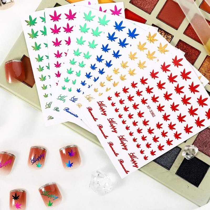 12 Sheets Colorful Leaf Nail Decals - Self-Adhesive Pot Leaves Nail Stickers for Women