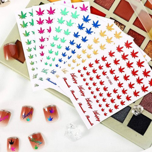 12 Sheets Colorful Leaf Nail Decals - Self-Adhesive Pot Leaves Nail Stickers for Women