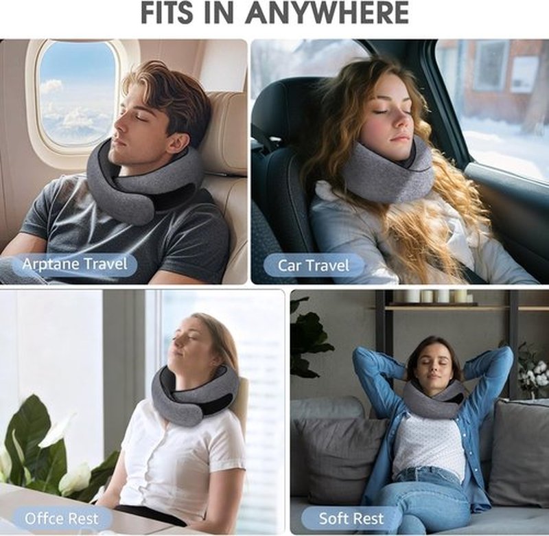 Skiennix Memory Foam Neck Travel Pillow - Ergonomic Comfort for Airplanes & Car Rides | Compact Grey Design