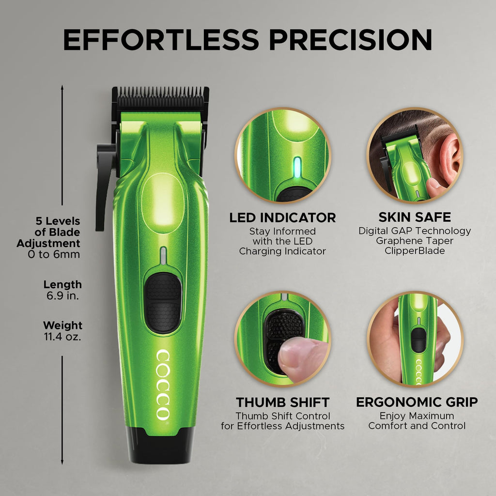 Cocco Hyper Veloce Pro Clipper, Digital Gap Ambassador Graphene Taper Blade Professional Hair Clippers, High-Torque BLDC Motor, All-Metal, Cordless, Charging Station Included (Green)