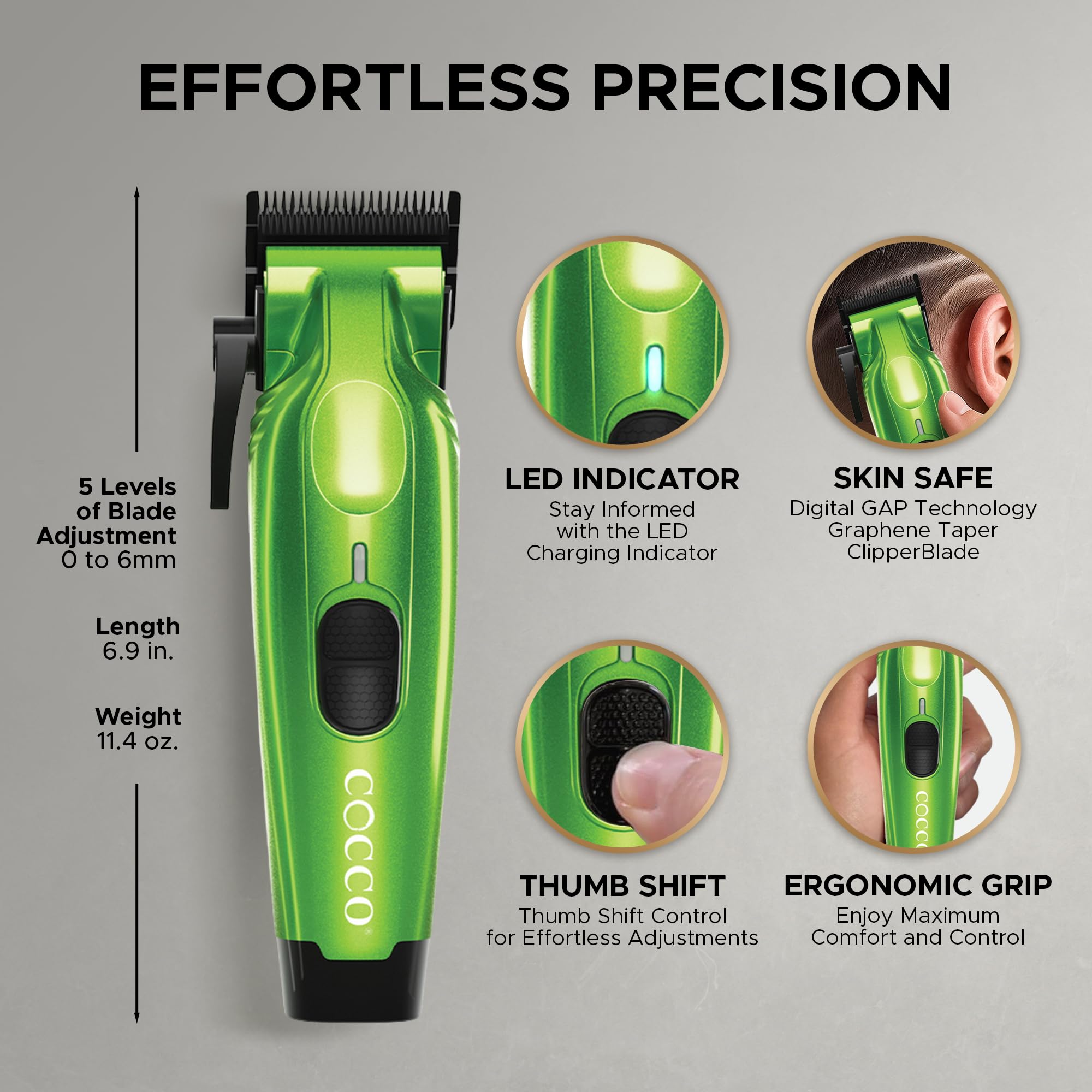 Cocco Hyper Veloce Pro Clipper, Digital Gap Ambassador Graphene Taper Blade Professional Hair Clippers, High-Torque BLDC Motor, All-Metal, Cordless, Charging Station Included (Green)