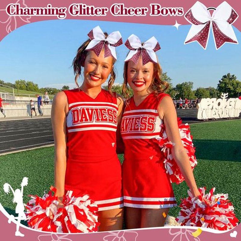 6PCS Glitter Cheer Bow Large Cheer Bows Rhinestones Hair Bows Girls 8"Cheerleading Bows Bulk Elastic Band Ponytail Holder for Teen Girls College Sports Competition White Maroon