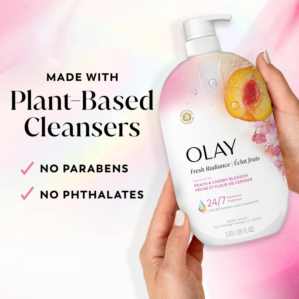 Olay Body Wash for Women, Fresh Radiance, 24/7 Skin-Loving Freshness, Visibly Radiant, Plant Based Cleansers, Vitamin B3 & Antioxidant Blend, For All Skin Types, Peach & Cherry Blossom Scent, 35 fl oz