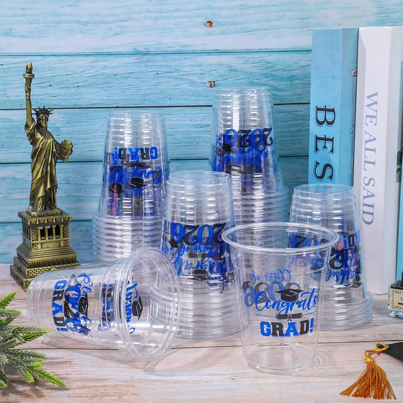 Whaline Graduation Plastic Cups - 50 Pcs 12 Oz Congrats Grad in Black & Blue | Perfect for Class of 2026 Party Decor