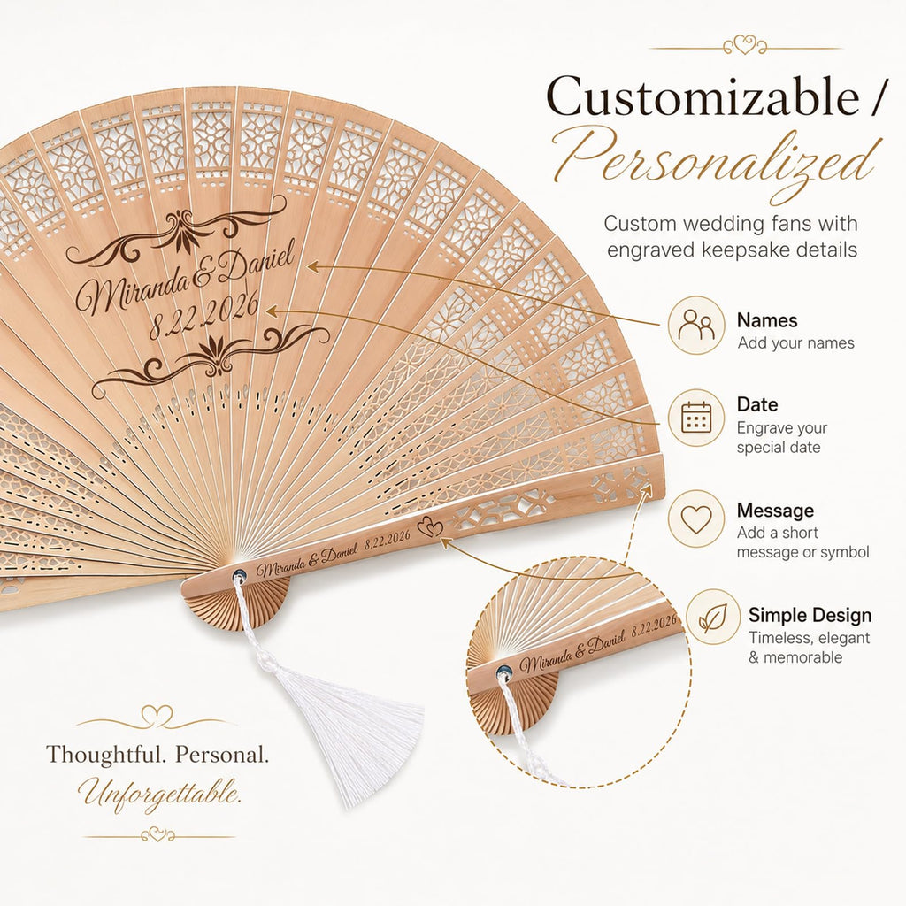 Personalized Wedding Fans for Guests, Custom Wooden Folding Hand Fans Bulk, Engraved Sandalwood Handheld Fans with Organza Bags & Tassels, Party, Bridal & Birthday Shower Favors (50PCS)