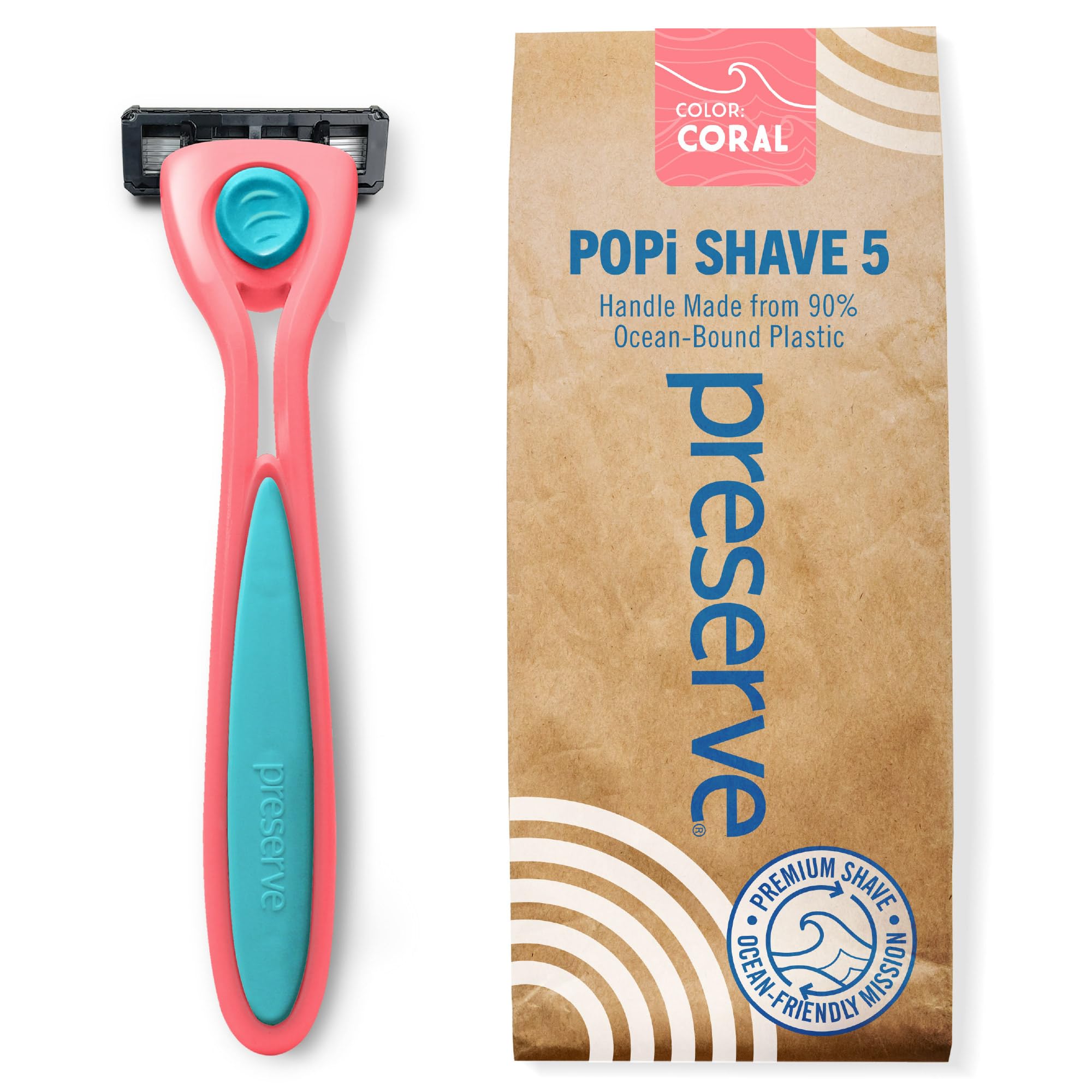 Preserve POPi Shave 5 Razor System Made with Recycled Ocean Plastic and 5-blade cartridge, Coral Pink, 1 Count