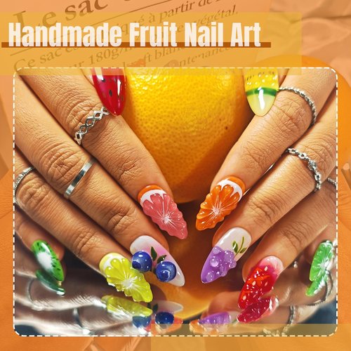 Handmade Press On Nails Almond, Fruit 3D Press On Nails Medium, Orange 3D Nails Strawberry Lemon Fruit With Bubble For Women Gift, Reusable Stick On Fake Nails Kit With Nail Glue(Fruit Fiesta-L)