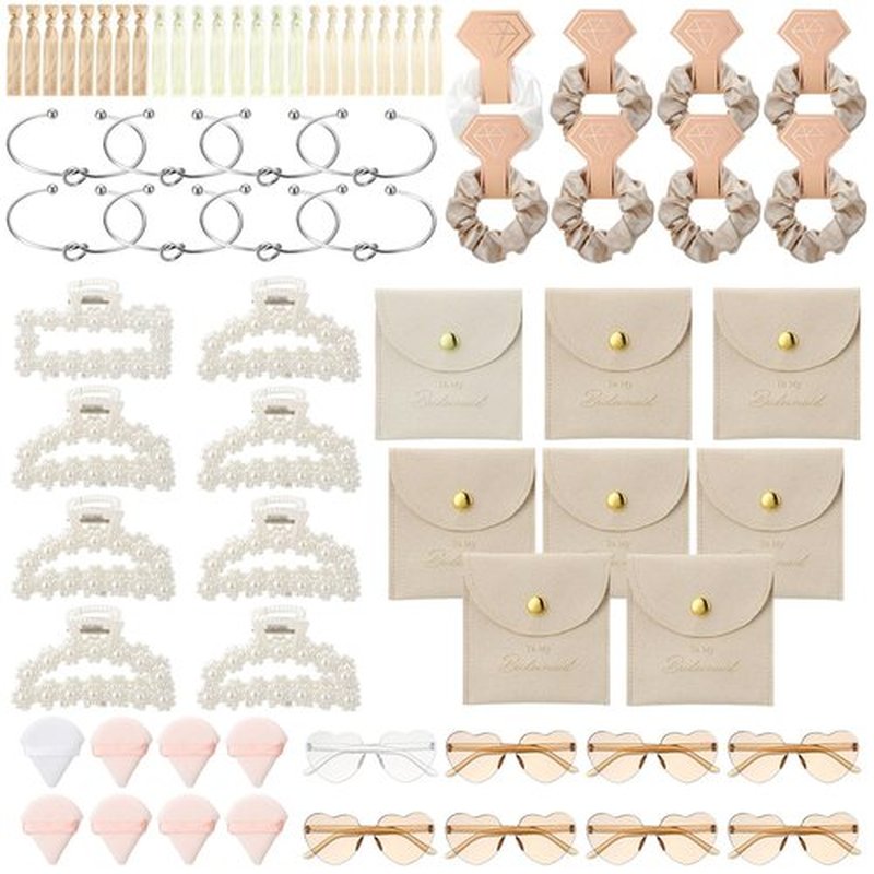 Fingertip WD 72 Pcs Bridesmaid Proposal Gift Including Bridesmaid Bridal Scrunchies Powder Puff Glasses Jewelry Bag Hairband Suitable for Wedding Gift