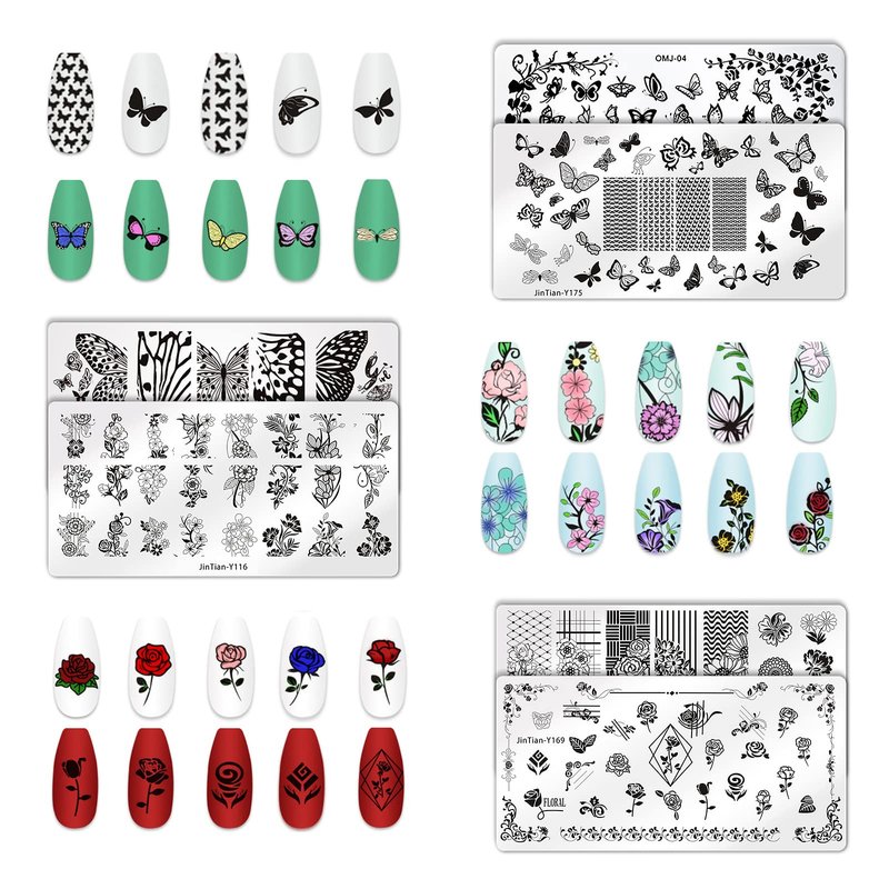 Whaline 6Pcs Flower Butterfly Nail Art Plates Rectangular Floral Stamping Plates Butterfly Image Stamp Templates Stamping Kit for Women Spring Summer DIY Print Manicure Salon Design Gift