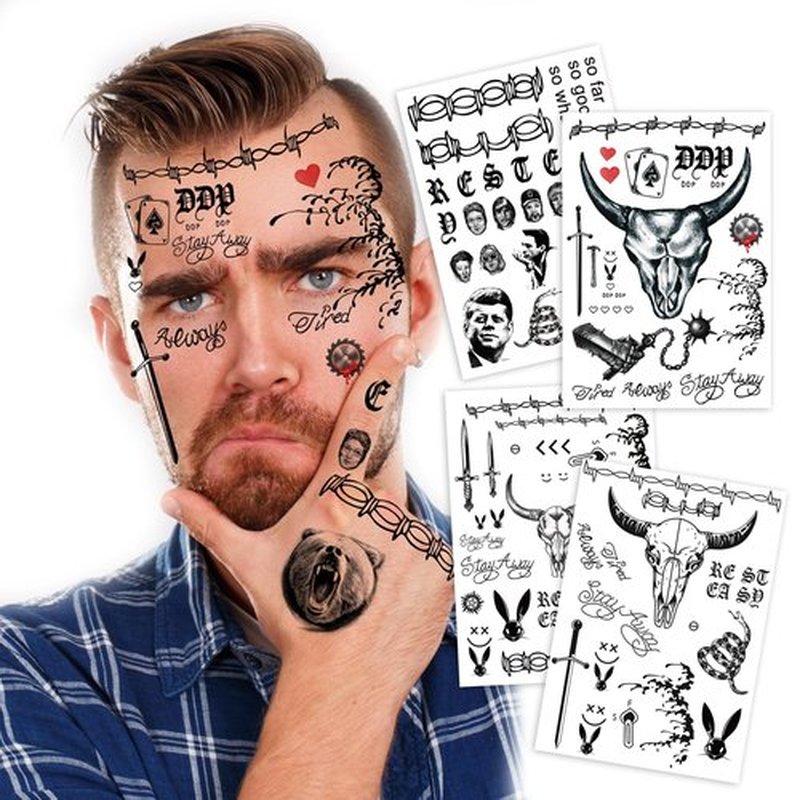 4 Sheets Cosplay Rapper-Inspired Temporary Tattoos – Face Tattoo Stickers for Men, Women and Kids – Hip-Hop Style Fake Tattoos for Cosplay, Halloween, and Parties